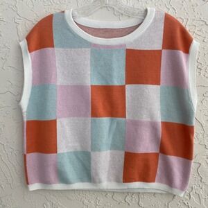 Unbranded‎ Y2K Checkerboard Knit Sweater Vest Women M Multicolor Pastel Retro